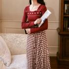 Square-neck Long-sleeve Top / Checked Midi A-line Skirt