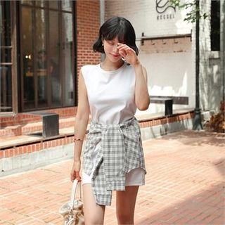 Inset Plaid Shirt Sleeveless Mini Dress