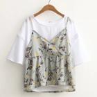 Set: Plain Short-sleeve Top + Floral Print Camisole Top