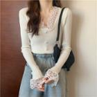 Long Sleeve Lace Panel Knit Top