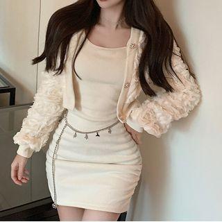 Spaghetti Strap Plain Mini Bodycon Dress / Cropped Cardigan