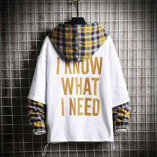 Mock Two Piece Plaid Letter Printed Hooded Pullover
