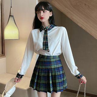 Set: Long-sleeve Shirt + Plaid Mini A-line Pleated Skirt