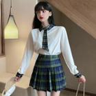 Set: Long-sleeve Shirt + Plaid Mini A-line Pleated Skirt