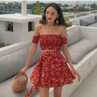 Set: Floral Off-shoulder Short-sleeve Cropped Top + A-line Skirt