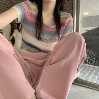 Short-sleeve Color Block Knit Top / High Waist Wide Leg Pants