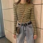 Long-sleeve Half Button Striped Knit Top