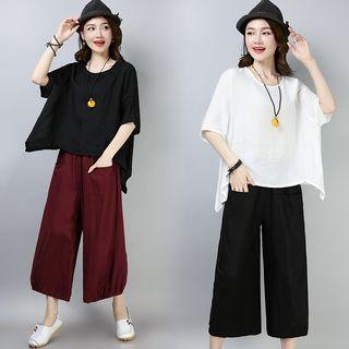 Set: Plain Elbow Sleeve T-shirt + Cropped Wide Leg Pants