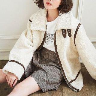 Contrast Trim Fleece Jacket Beige - M