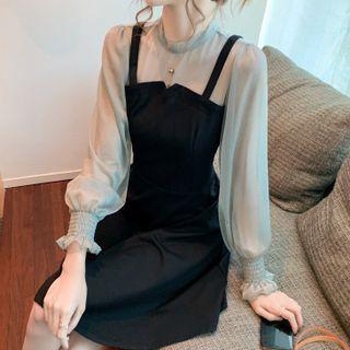 Mock Two-piece Mesh Panel Midi A-line Dress