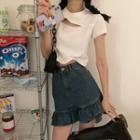 Cut-out Short-sleeve T-shirt / Ruffle Hem Mini Denim Skirt