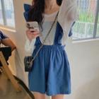 Ruffle Trim Wide-leg Denim Suspender Shorts