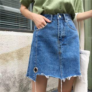 Ring-accent Irregular Denim Skirt