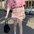 Floral Tiered Skirt / Elbow-sleeve Print T-shirt