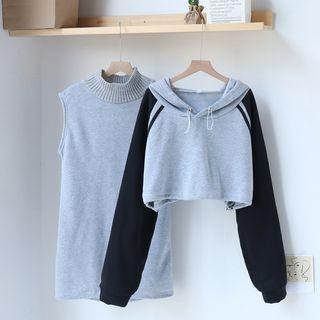 Set: Cropped Raglan Hoodie + Mock-turtleneck Sleeveless Dress