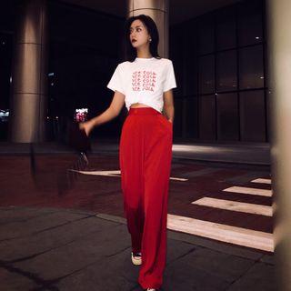 Set: Short-sleeve Lettering T-shirt + Wide Leg Pants