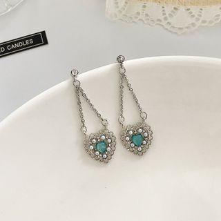 Heart Rhinestone Faux Pearl Dangle Earring 1 Pair - 925 Silver Earring - Blue Faux Pearl - Silver - One Size