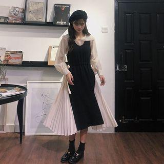 Layered Collar Blouse / Color Block Midi Jumper Dress