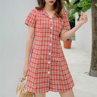 Short-sleeve V-neck Plaid Dress