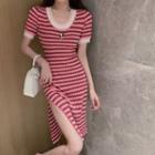 Short-sleeve Striped Knit Slit Sheath Dress