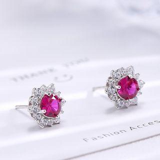 925 Sterling Silver Sun Flower Garnet Stud Earring Silve - One Size