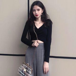 Long-sleeve V-neck Crop Top / Wide Leg Pants