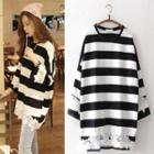 3/4-sleeve Lace Panel Striped T-shirt