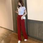 Set: Embroidered Short-sleeve Crop Top + High-waist Wide-leg Pants