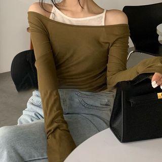Mock Two Piece Long-sleeve Off-shoulder Plain Camisole Top