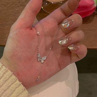 Butterfly Rhinestone Pendant Alloy Necklace 1 Pc - Silver - One Size