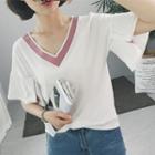 V-neck Loose-fit Bell-sleeve Color-block Top