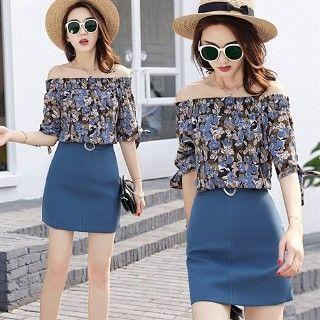 Set: Off-shoulder Floral Top + Skirt