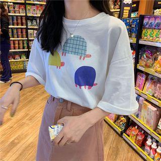 3/4-sleeve Turtle Print T-shirt White - One Size