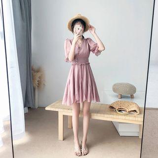 Frill Trim Short-sleeve V-neck Chiffon Dress
