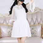 Lace Trim Flared-sleeve Mini A-line Dress White - Xl
