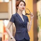 Short-sleeve Striped Double Breasted Blazer / Skirt / Camisole Top / Set