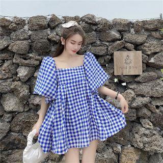 Puff-sleeve Gingham Mini Dress Blue - One Size