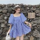 Puff-sleeve Gingham Mini Dress Blue - One Size