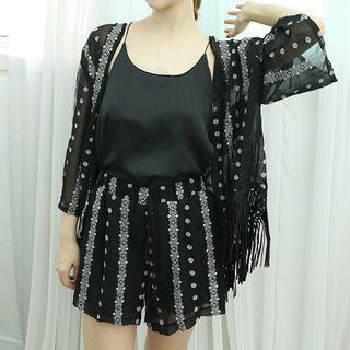 Set: Fringed-hem Sheer Cardigan + Sleeveless Top + Drawstring-waist Shorts