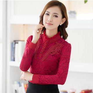 Half-placket Lace Long-sleeve Top