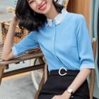 Elbow-sleeve Contrast Trim Shirt / Mini Pencil Skirt