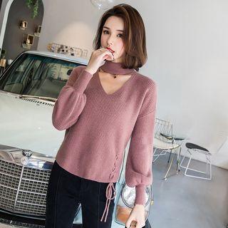 V-neck Puff-sleeve Loose-fit Sweater