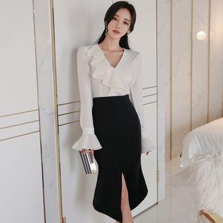 Ruffle V-neck Blouse / Asymmetric Hem Pencil Skirt