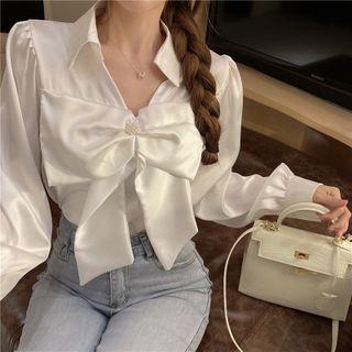 Long-sleeve Faux Pearl Bow Blouse