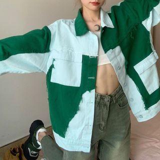 Long-sleeve Patchwork Frayed Denim Oversized Jacket