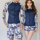 Couple Matching Set: Leaf Print Long-sleeve Zip Rashguard + Swim Shorts