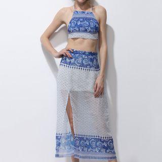 Set: Cropped Camisole Top + Patterned Midi Skirt