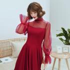 Long-sleeve Mesh Panel A-line Ball Gown