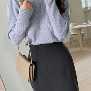 Puff-shoulder Ribbed Knit Top Sky Blue - One Size