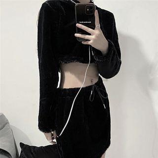 Set: Ear Accent Fluffy Hoodie + Drawstring Mini A-line Skirt